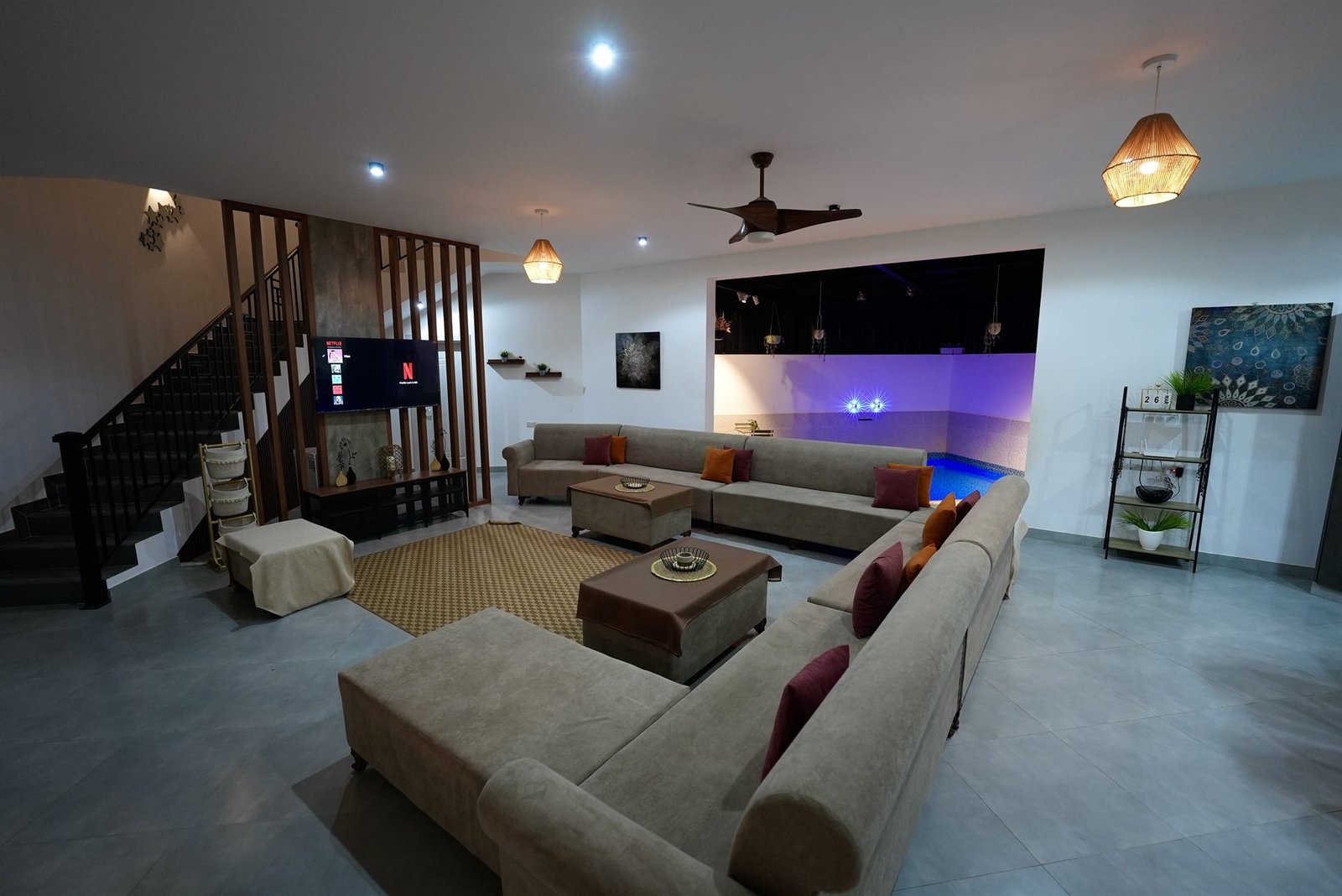 Living room lounge overlooking the indoor pool