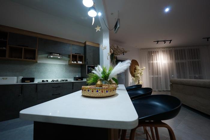 Kitchen island with bar stools